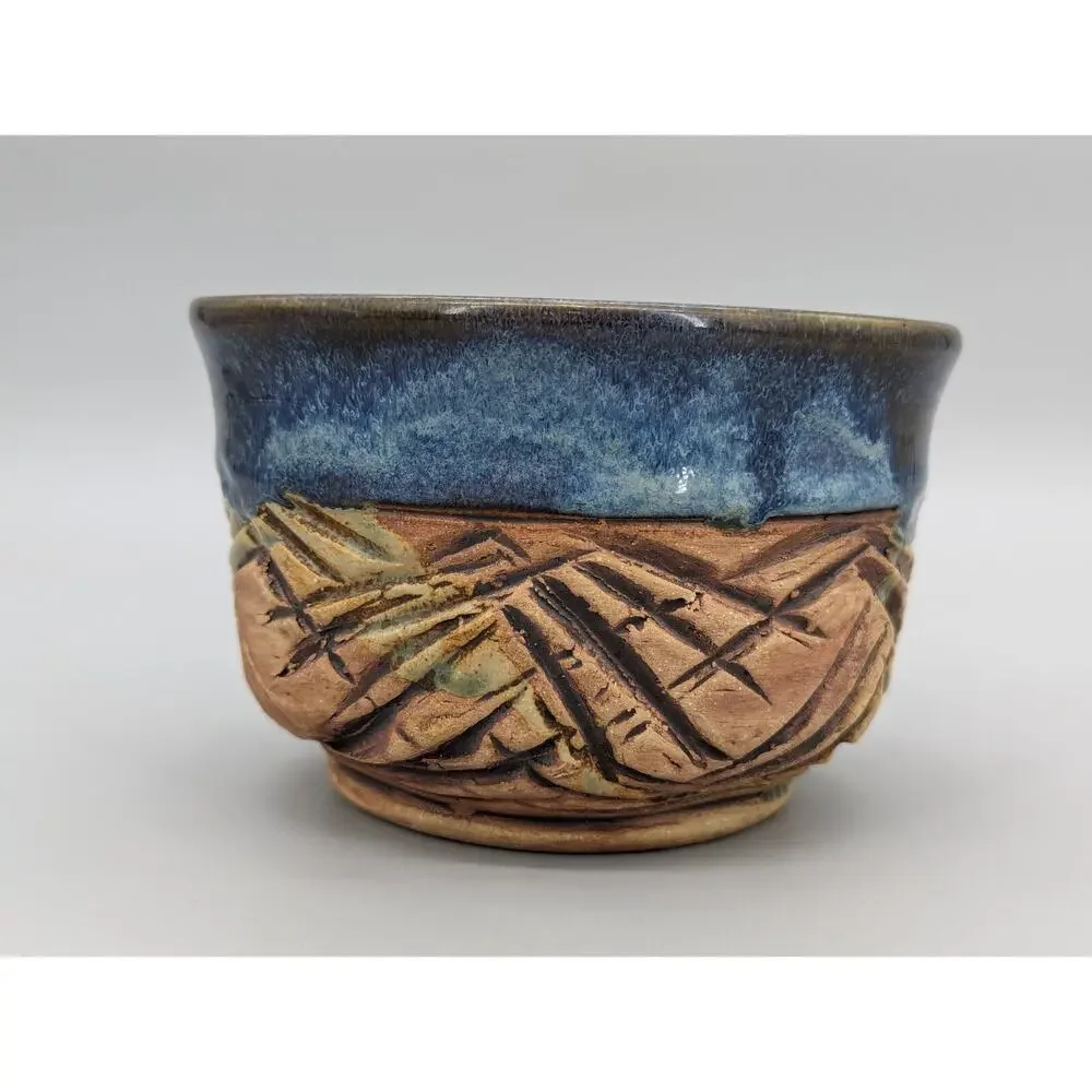 Mid Century Modern Pottery Craft Stoneware Bowl Incised Geometric Bowl 5.5